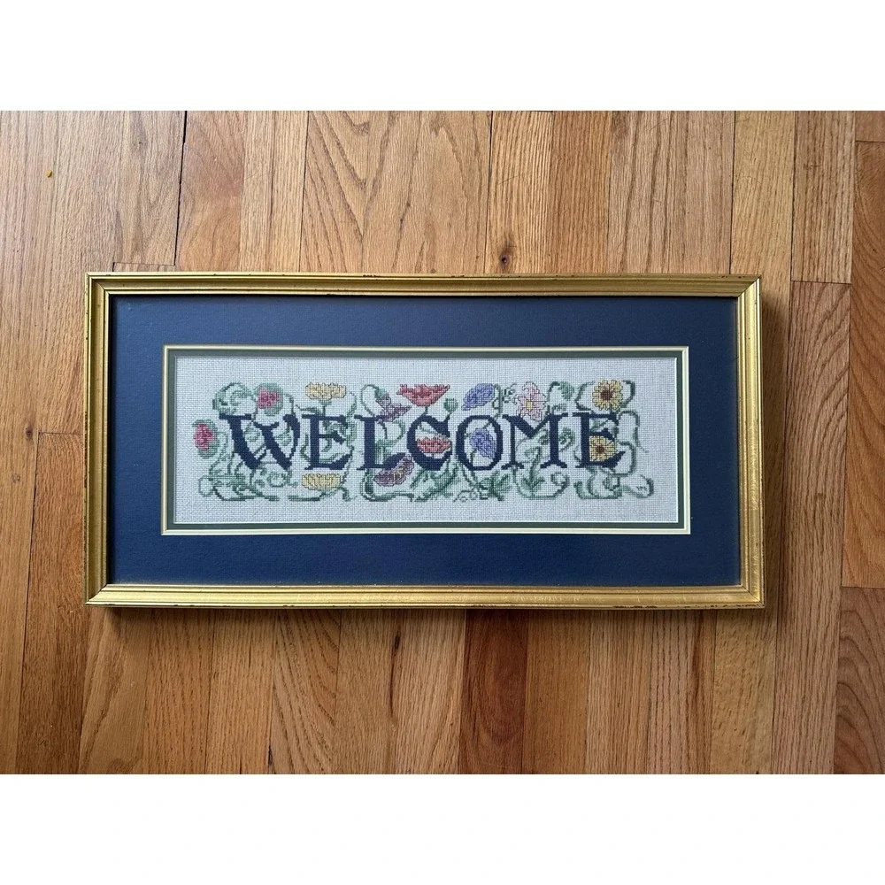 Handmade Welcome Sign Cross Stitch Art Gold Blue Frame Good Floral Embroidery